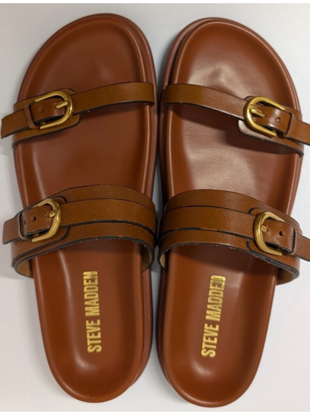 Steve Madden Tan Leather Double-Buckle Slide Sandals with Gold Buckles - Picture 4 of 8
